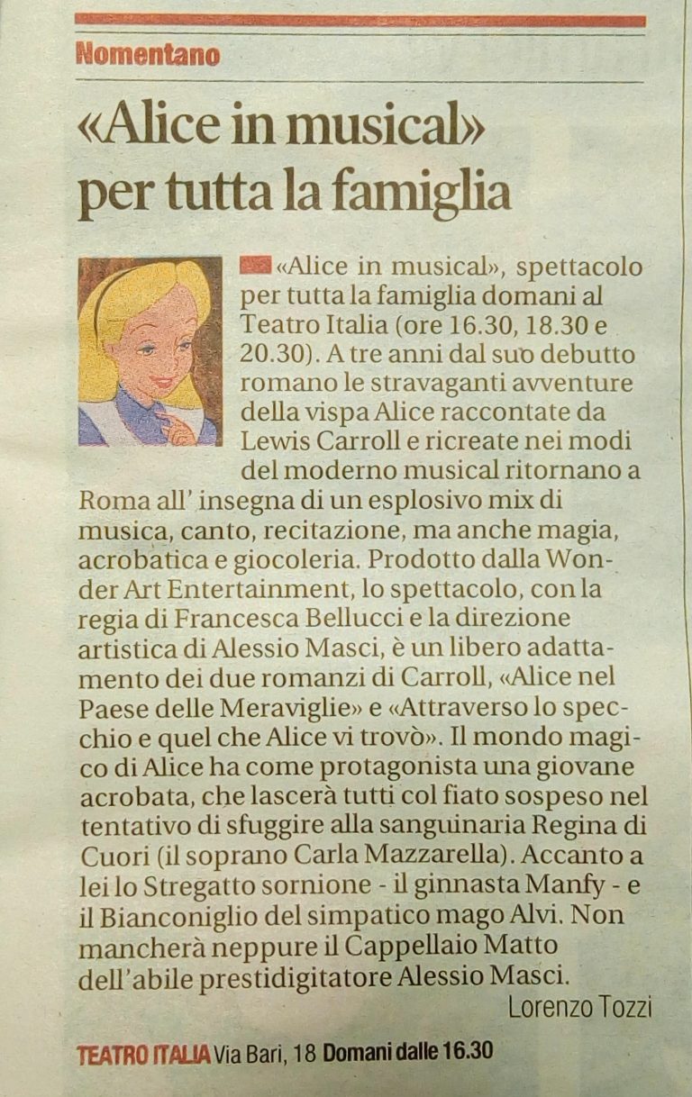 Alice 2017 teatro Italia - Il Tempo - 6 Gennaio 2017